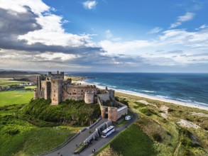 Bamburgh Castle from a drone, Northumberland, Northeast Coast, England, United Kingdom