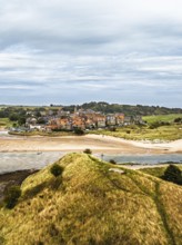 Alnmouth and River Aln Estuary from drone, Alnwick, Northumberland, England, United Kingdom