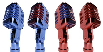 Red and blue classic vintage microphone set isolated on a white background