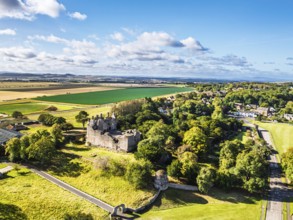 Ruins of Dirleton Castle & Gardens from a drone, Dirleton, East Lothian, Scotland, UK