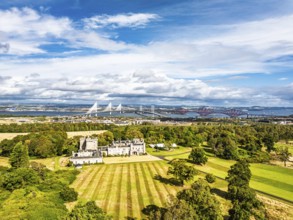 Dundas Castle over South Queensferry from a drone, Edinburgh, Scotland, UK