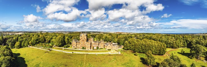 Panorama of Ayton Castle from a drone, Ayton, Eyemouth, Scottish Borders, Scotland, UK