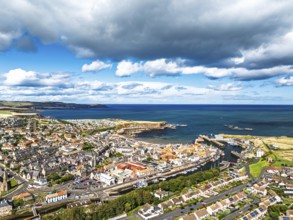 Eyemouth from a drone, Berwickshire, Scottish Borders, Scotland, UK