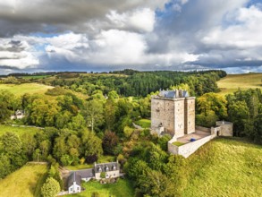 Borthwick Castle from a drone, Midlothian, Scotland, UK