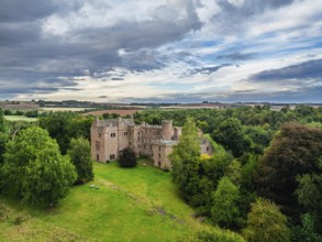 Hutton Castle from a drone, Whiteadder Water, Chirnside, Scottish Borders, UK