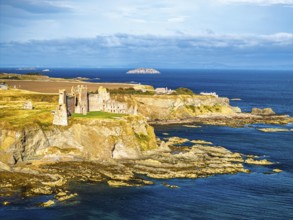 Ruins of Tantallon Castle from a drone, North Berwick, East Lothian, Scotland, UK