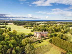 Tyninghame House over River Tyne from a drone, East Lothian, Scotland, UK