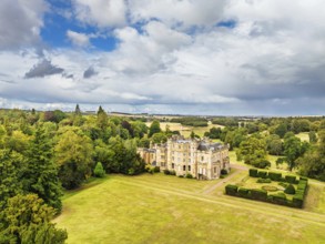 Oxenfoord Castle from a drone, Midlothian, Scotland, UK