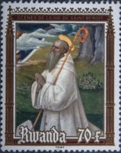 Benedict of Nursia (480-543), monk and founder of the Benedictine Order. Portrait on Rwandan