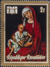 Madonna and Child, traditional religious motif in Catholic countries. Image on Rwandan postage