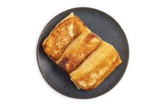 Fried crispy pancakes with meat and cheese isolated on white background. side view, copy space