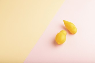 Yellow tomatoes on pink and orange pastel paper background. Side view, copy space, flat lay.