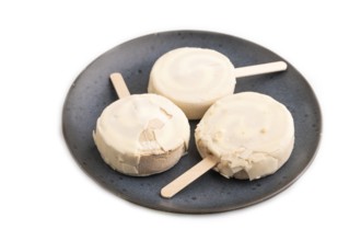 ?hocolate Ice cream in white glaze isolated on white background, side view, close up, minimalism