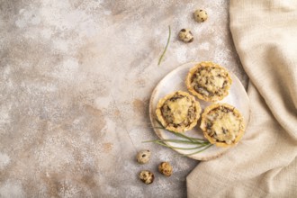 Tartlets with meat and cheese on brown concrete background and linen textile. top view, flat lay,