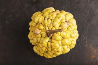 Decorative orange Pumpkin with tumors on black concrete background, top view, flat lay, close up,