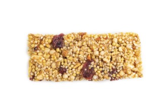 Granola bar with, caramel, nuts, flakes isolated on white background. Top view, flat lay, close up