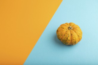Orange Pumpkin on orange and blue pastel paper background. Side view, copy space. healthy food,