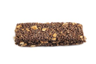 Granola bar with chocolate, caramel, nuts, flakes isolated on white background. Side view, close up