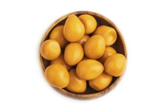 Pile of Smoked Quail eggs isolated on white background. top view, flat lay, close up