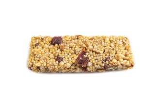 Granola bar with, caramel, nuts, flakes isolated on white background. Side view, close up