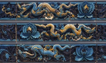 Blue and yellow glazed tiles with depictions of dragons, Ming dynasty, Shanxi province, British