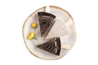 Chocolate and Vanilla Cake pops Marshmallow isolated on white background. top view, close up