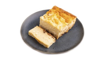 ?ottage cheese ?asserole, Curd cake, with dried apricots and raisins Isolated on white background,