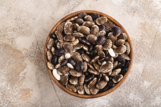 Wooden bowl with Kidney beans on brown concrete background, top view, flat lay, copy space,