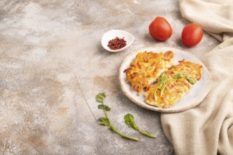 Baked chicken meat with cheese and tomatoes on brown concrete background and linen textile. side