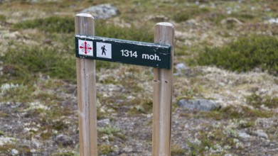 Signpost with altitude and Olav's Cross, highest point of the Pilgrims' Trail, Kongevegen or King's