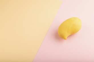 Orange mango on orange and pink paper pastel background. Side view, copy space. healthy food,