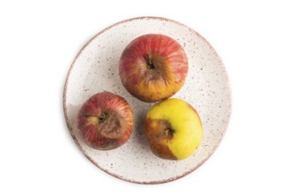 Decaying, Rotting apples on ceramic plate isolated on white background. Top view, copy space, flat