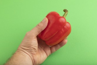 Hand holding Red pepper on green pastel background. Side view, copy space. healthy food, vegetable,