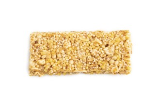 Granola bar with, caramel, nuts, flakes isolated on white background. Top view, flat lay, close up