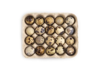 Pile of Raw Quail eggs isolated on white background. top view, flat lay, close up