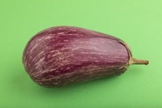 Purple eggplant with white stripes on green pastel background. Top view, flat lay, copy space.