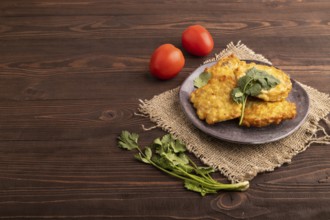 Fried crispy Chicken pancakes on brown wooden background and linen textile. side view, copy space
