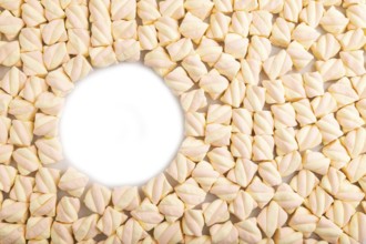 Round copy space on Orange and pink marshmallow background, top view, flat lay, minimalism