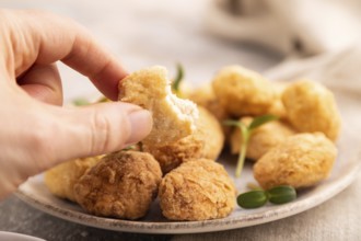 Fried crispy Chicken Nuggets with ketchup, microgreen on brown concrete background and linen
