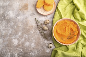 Sweet potato porridge in ceramic bowl on brown concrete background and green textile. Diet, healthy