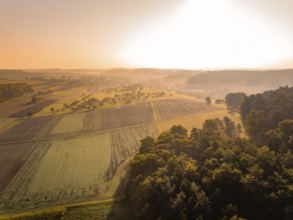Morgenstimmung mit Nebel und Sonnenaufgang über einer ländlichen Landschaft, Gechingen, Heckengäu,