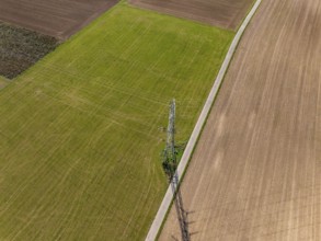 Hochspannungsmast auf einer weiten Feldlandschaft, eingefangen von oben, mit Schattenwurf, Nagold,