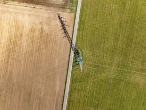 Strommast steht zwischen Acker und Wiese, von oben gesehen, mit langem Schatten auf der Fläche,