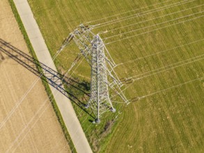 Hochspannungsmast auf einer Wiese, mit langen Schatten, eingefangen aus der Vogelperspektive,