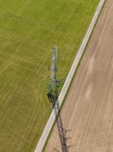 Luftbild eines Strommasts auf einer Wiese, umgeben von Feldwegen und langen Schatten, Nagold,