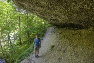 Konglomeratfelsen und Wanderweg im Naturschutzgebiet Steyr Fluss, Molln, Oberösterreich, Österreich