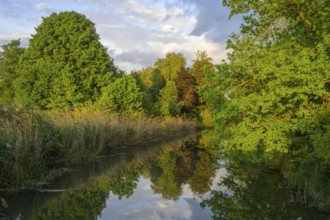 Sonnenuntergangsstimmung beim Grafenmühlbach, Infozentrum Isarmündung, Moos, Bayern, Deutschland