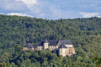 Die Burg Ebernburg, eine Höhenburg am bewaldeten Hang oberhalb von Bad Münster, Landkreis Bad