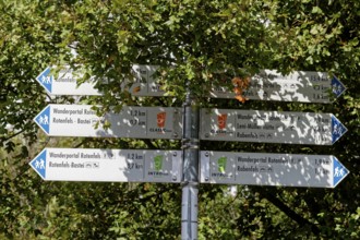 Wegweiser im Wandergebiet Rotenfels im Naturpark Soonwald-Nahe in der Pfalz. Traisen, Landkreis Bad