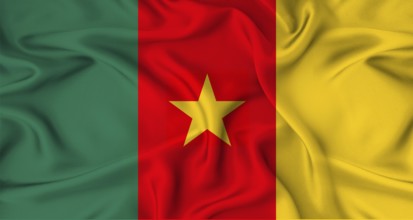 Realistic Cameroon flag waving. Close up of flag of Cameroon with cloth texture